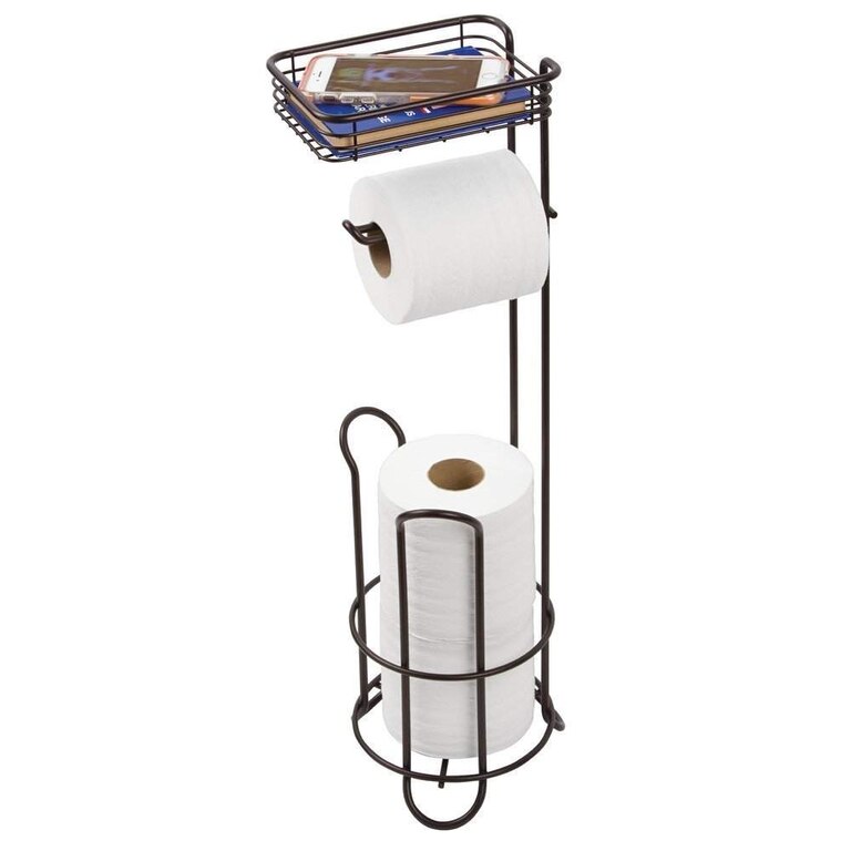 InterDesign Classico Bathroom Free Standing Toilet Roll Stand Holder Plus With Shelf Bronze